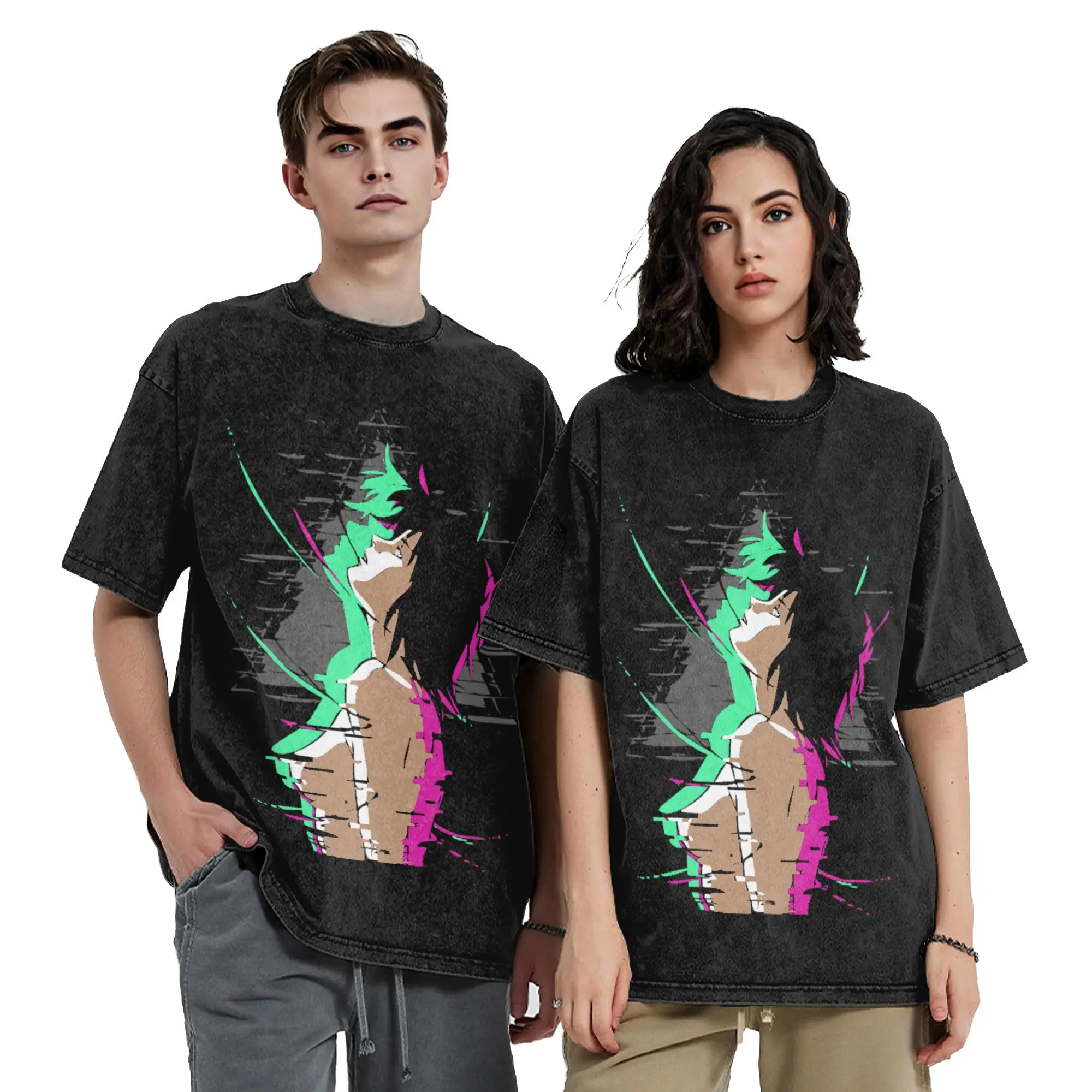 The Glitch in the Ghost Washed T Shirt Pure Cotton Casual T-Shirt Crew Neck Ghost in The Shell Tee Shirt  Clothes Plus Size