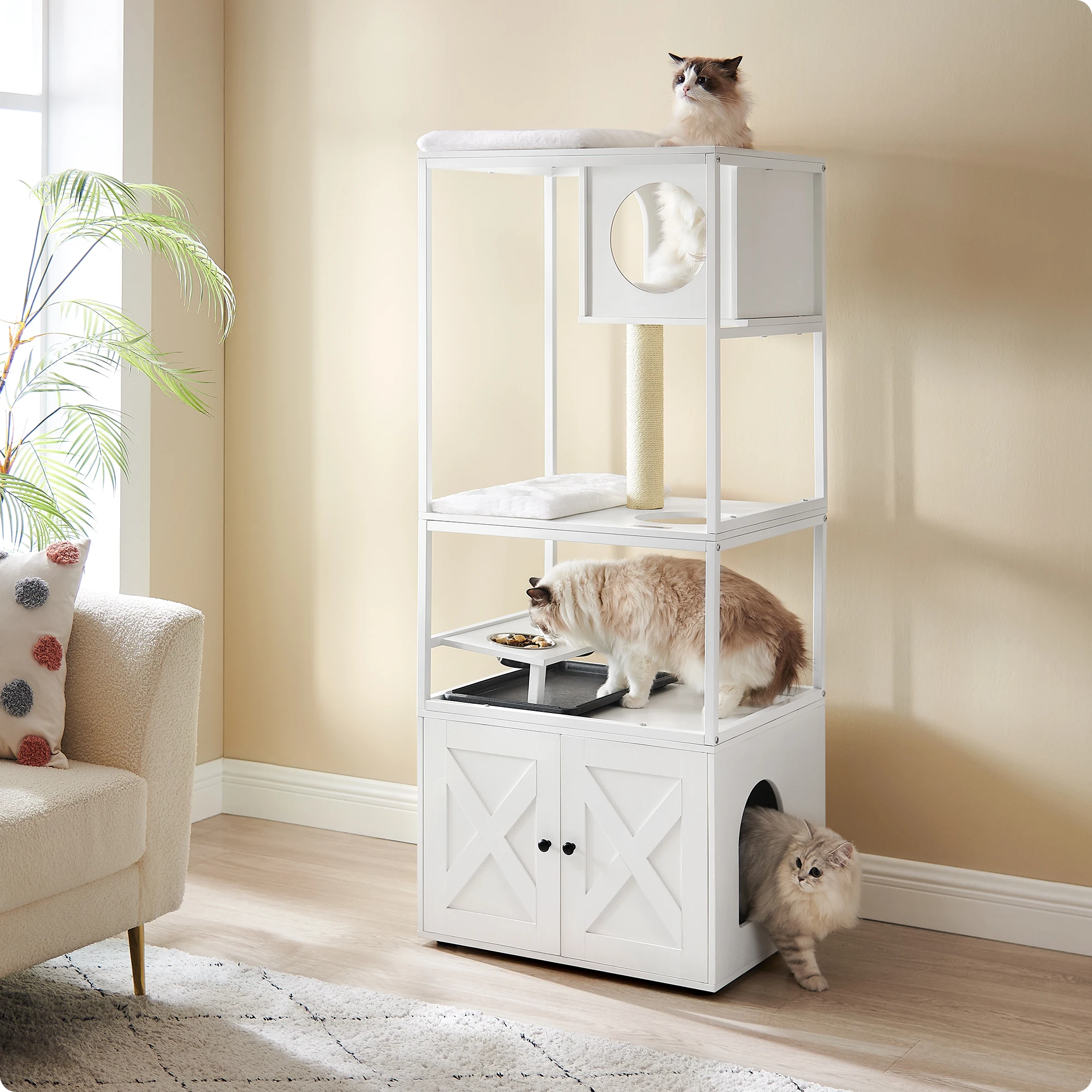FEANDREA krabpaal, 3-in-1, met kattenkast, verhoogde komstandaard - afbeelding 1