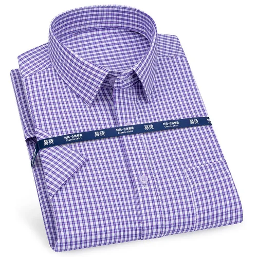 Imagen 2 del producto Camisa de manga corta para hombre, informal, de negocios, clásica, a rayas, a cuadros, camisas de vestir sociales para hombre, camisas de calidad de playa azul púrpura