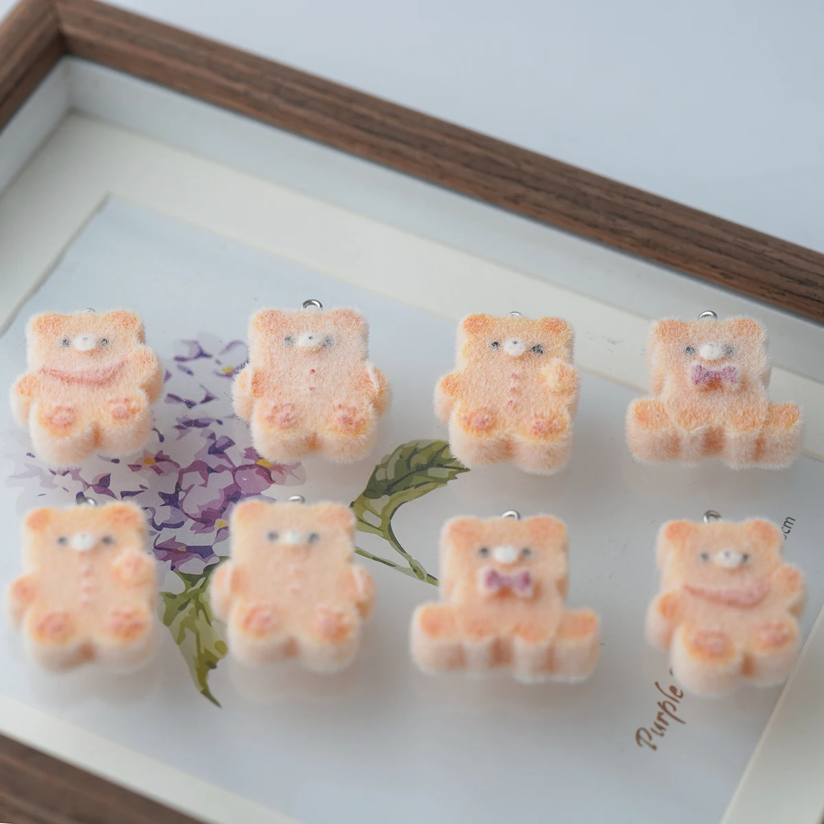 15pcs 3D Bear biscuits Charms Cartoon Flocked resin animals pendant For Bag keychain DIY crafts jewelry make Accessories