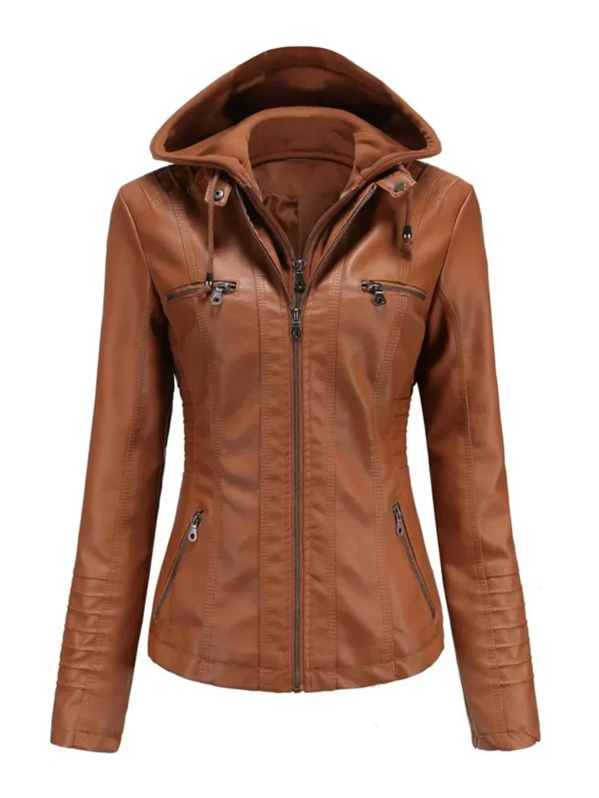 ストリート スレ フード付きレザー ジャケット レディース カラーコート TING ロングスリーブ ジッパー開閉 レギュラーフィット ファッション アウターウェア