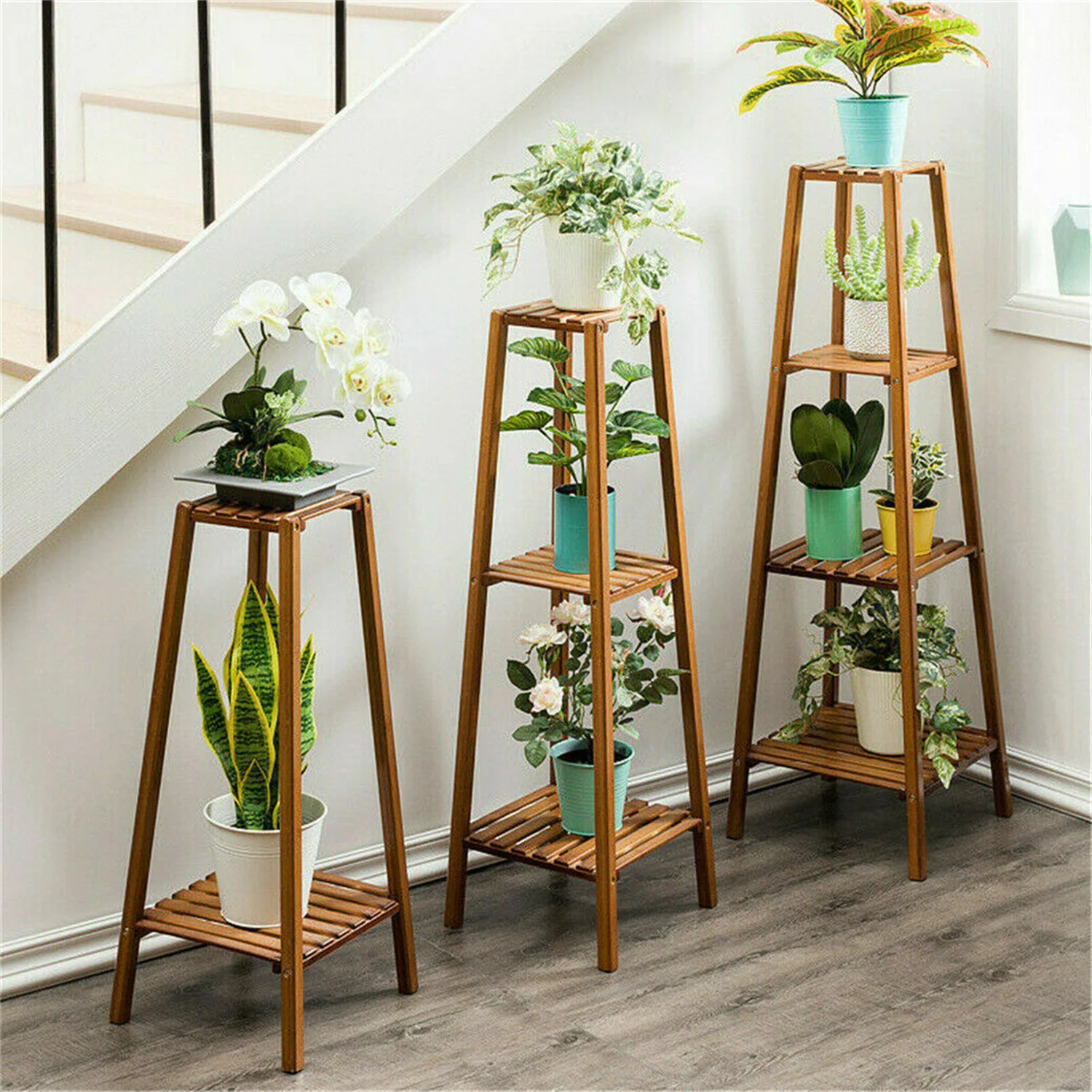 

77/97/117cm Tall Bamboo Plant Stand Flower Pot Display Rack Shelf Indoor Outdoor