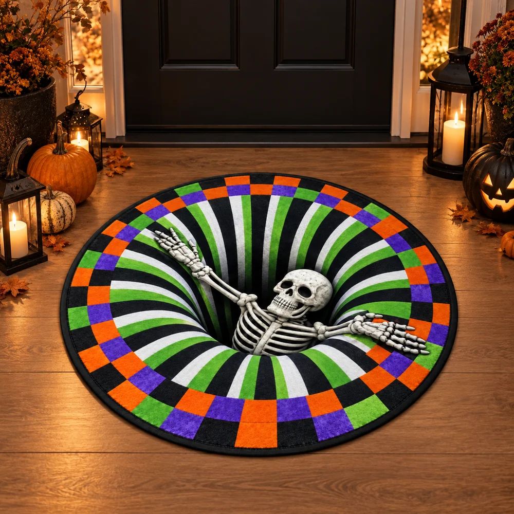 Halloween Skeleton Optical Illusion Area Rug, Colorful Gothic Novelty Floor Mat For Bedroom, Game Room, Hall Decor And Gifts