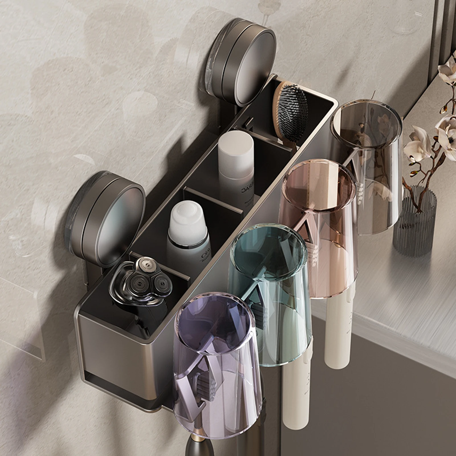 Toothbrush Holder with Cup Wall Mount Suction Cup Perforation-free Bathroom Shelf Mouthwash Cup Toothbrush Holder