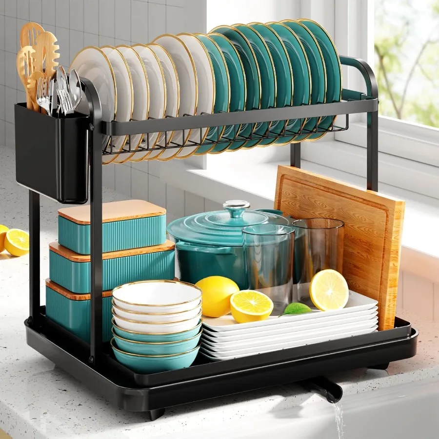 

Dish Drying Rack Stainless Steel Dish Rack for Kitchen Counter 2Tier Kitchen Organizers and Storage Rack with Drainboard and Cu