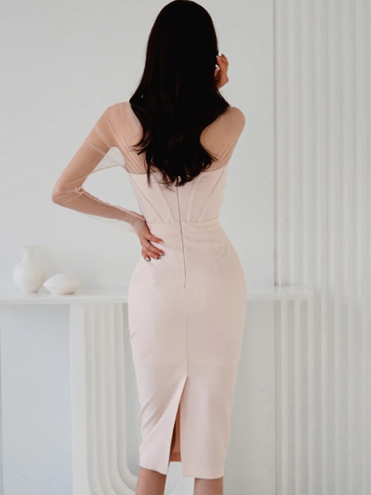 ฤดูใบไม้ร่วงฤดูใบไม้ร่วงผู้หญิงใหม่ชุดราตรี Mujer ตาข่ายดูผ่าน Sexy Backless Midi Dresses Party Grwm Robe Femme Vestidos