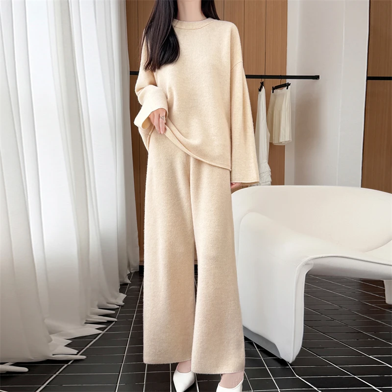 Women Round Neck Wool Knitted Two‑Piece Set Loose Sweater Wide Leg Pants Solid Color Casual Outfit Autumn Winter DailyStreetWear