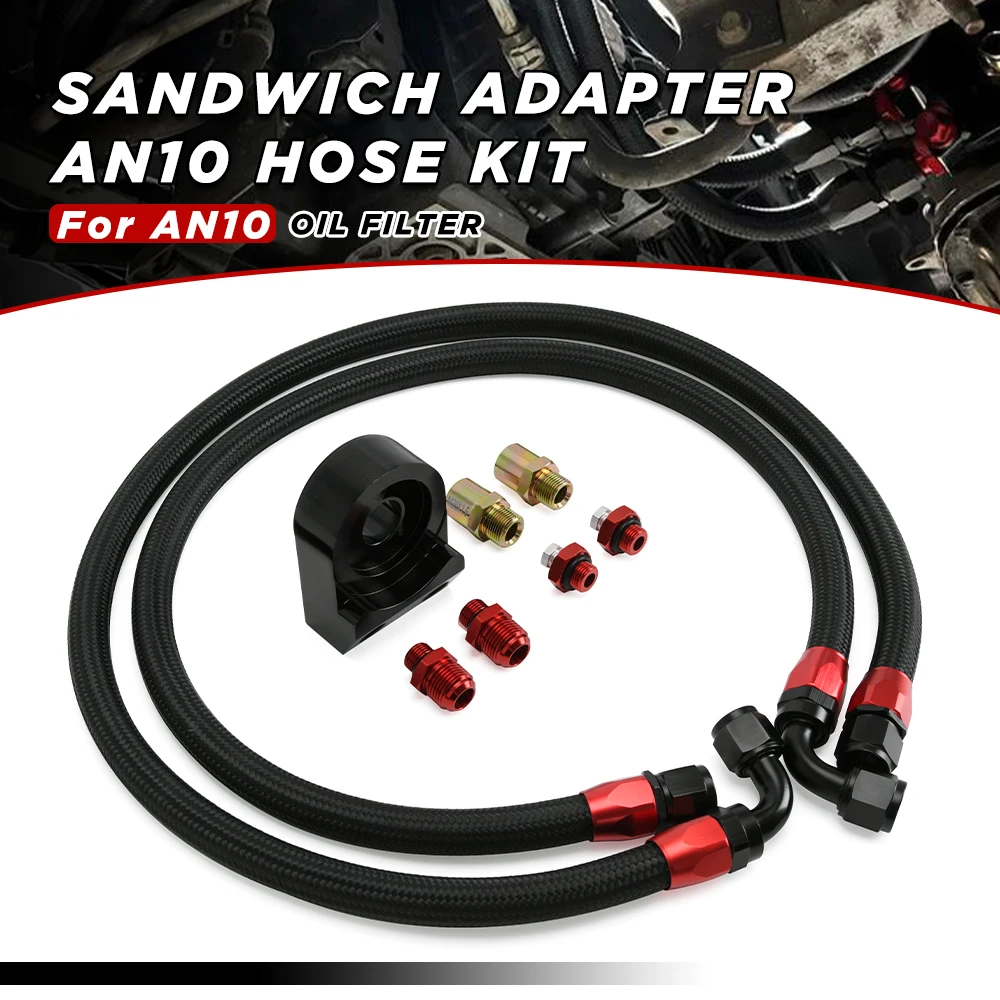 Adaptador Universal de placa sándwich de enfriador de filtro de aceite AN10 negro rojo + 2 uds línea de manguera trenzada negro