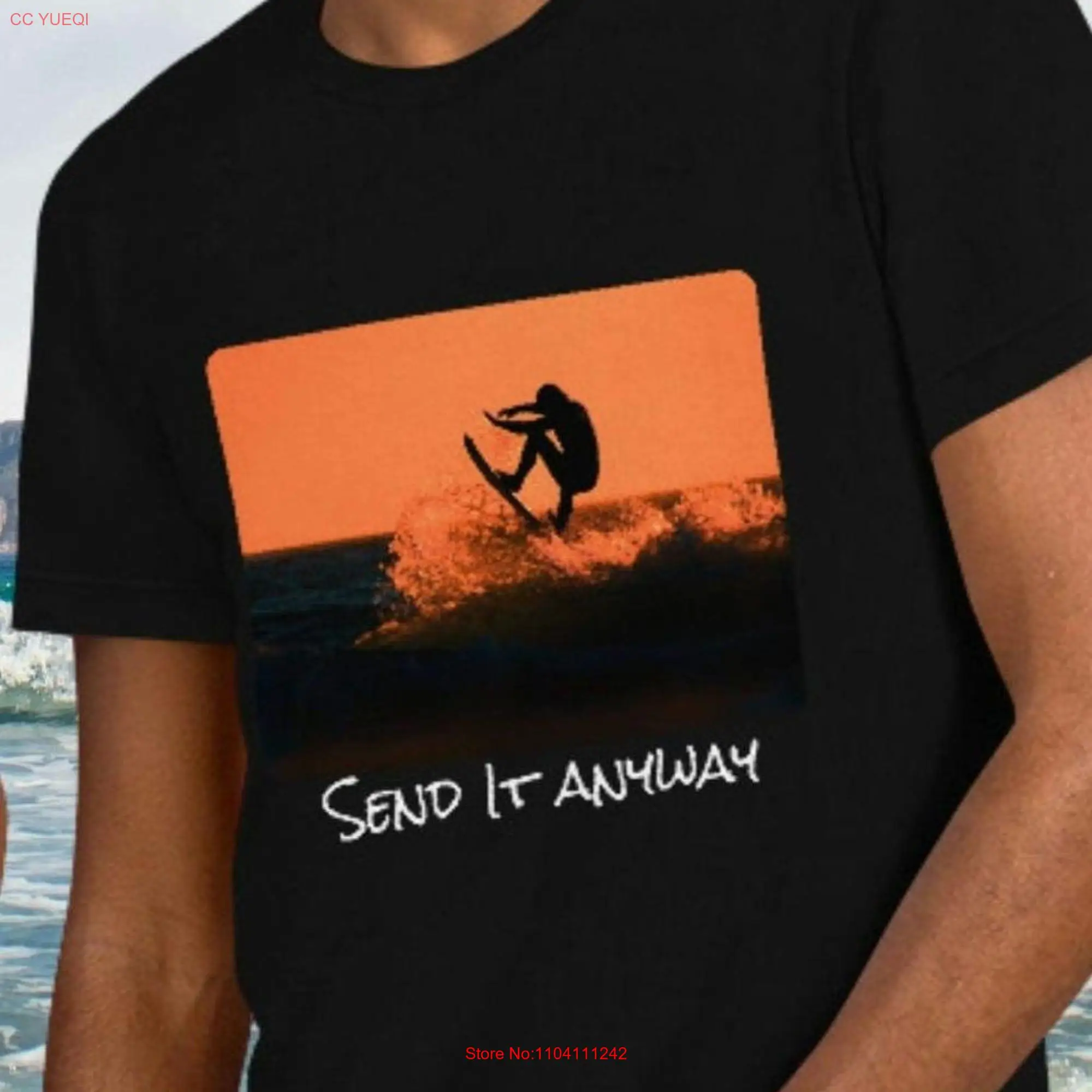 Sunset Surfer T shirt Aerial Surfing Summer Beachy Vacation Vibes Minimal Surfboard Coastal Retro Beachwear Air Send It Anyway