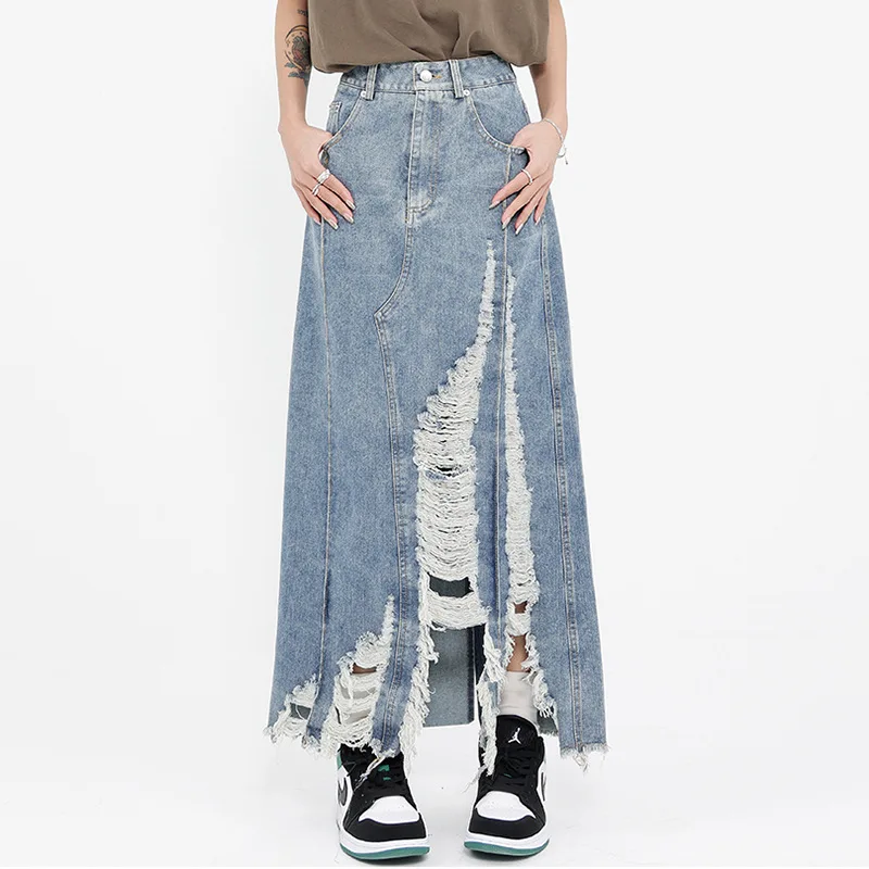 

TIYIHAILEY Free Shipping A-line 2024 Fashion Long Maxi Denim Skirt For Women S-3XL High Waist Summer Skirts With Holes