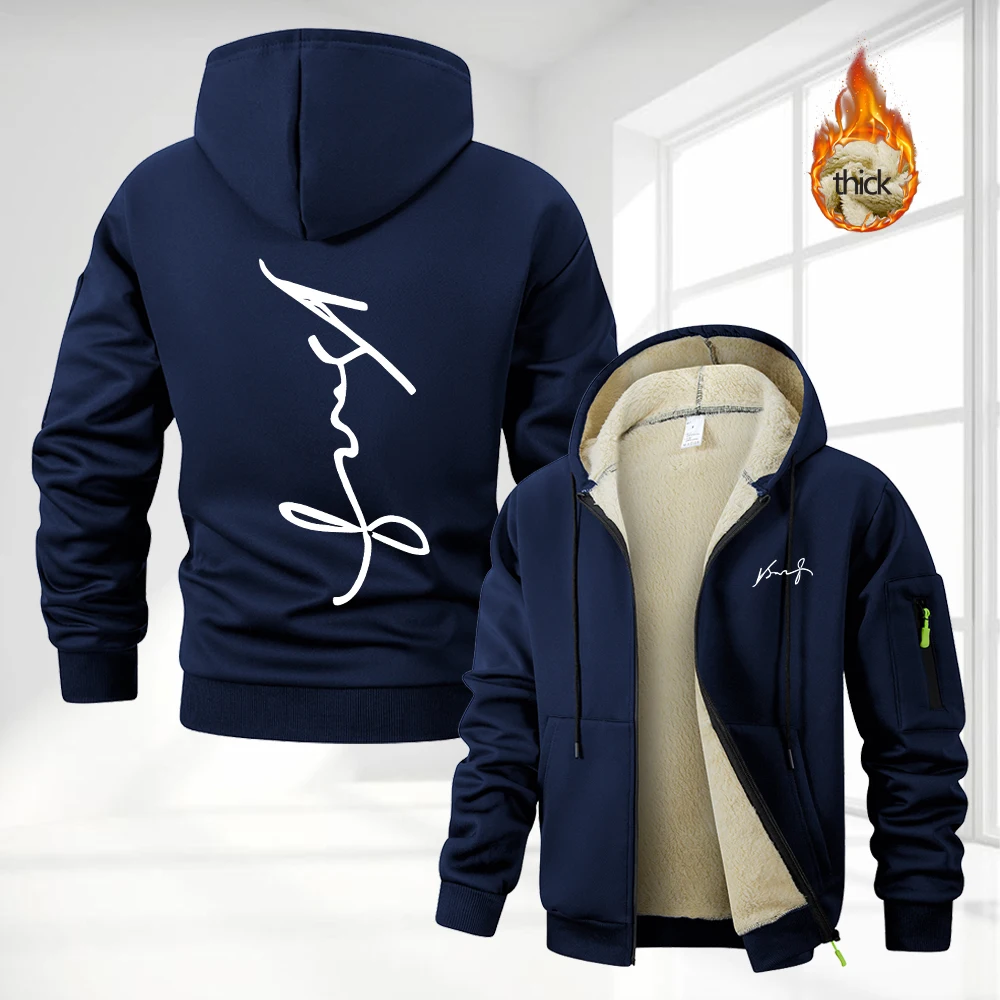 Men's Art Signature Print Thick Zip Up Hoodies Autumn Winter Warm Daily Outdoor Commute Casual Sweatshirt Street Style Top