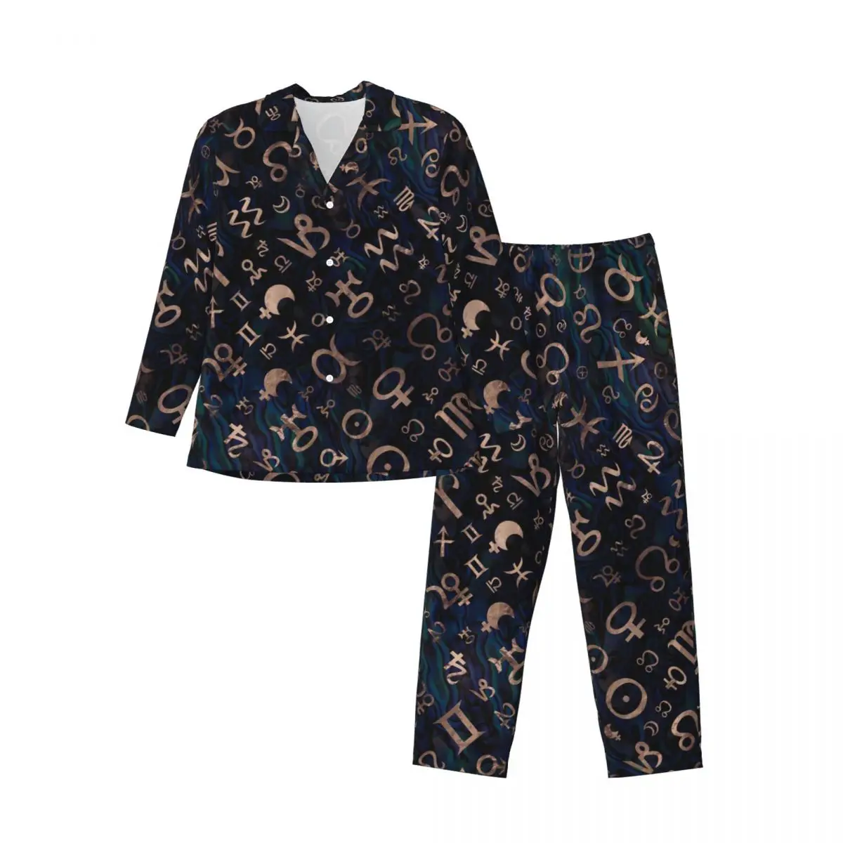 Conjunto de pijama con estampado de astrología para hombre y mujer, ropa de dormir de dos piezas con símbolos Retro, Kawaii, de manga larga, Estilo Vintage, talla grande 2XL