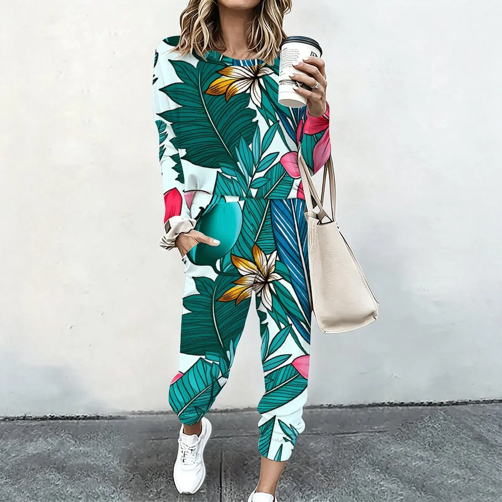 Women 2 Piece Tracksuit Set Print Long Sleeve Crew Neck Top And Jogger Pants Casual Streetwear Outfit With Pockets