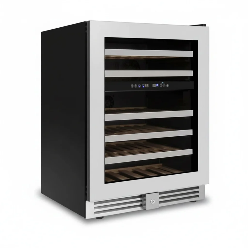 Built-in Wine Cooler, 46 Bottle Wine Fridge, Dual Zone Refrigerator, Electronic Control, Stainless Steel, Beech Wood