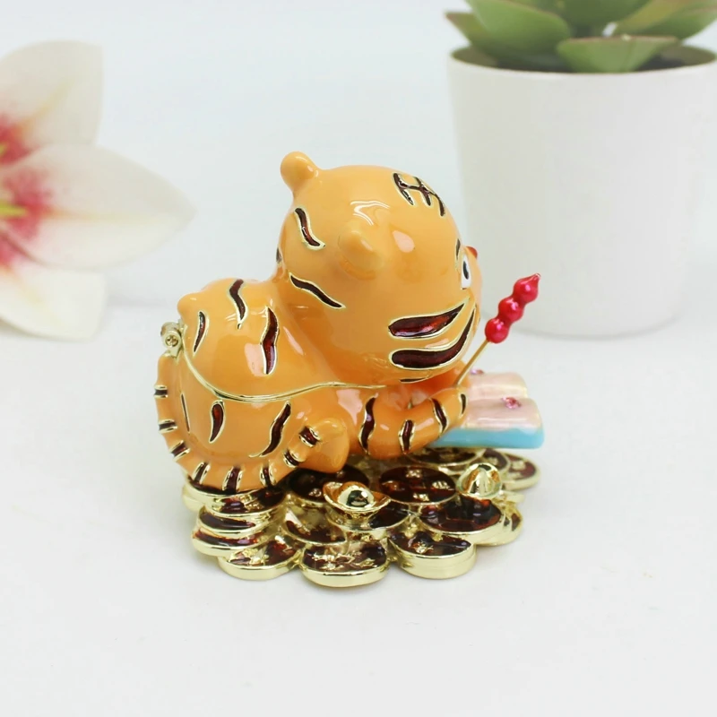 SHINNYGIFTS Enamel Tigar Jewerly Box Hand Painted Hinged Trinket Box Keepsake Storage Box Collectible Home Decor