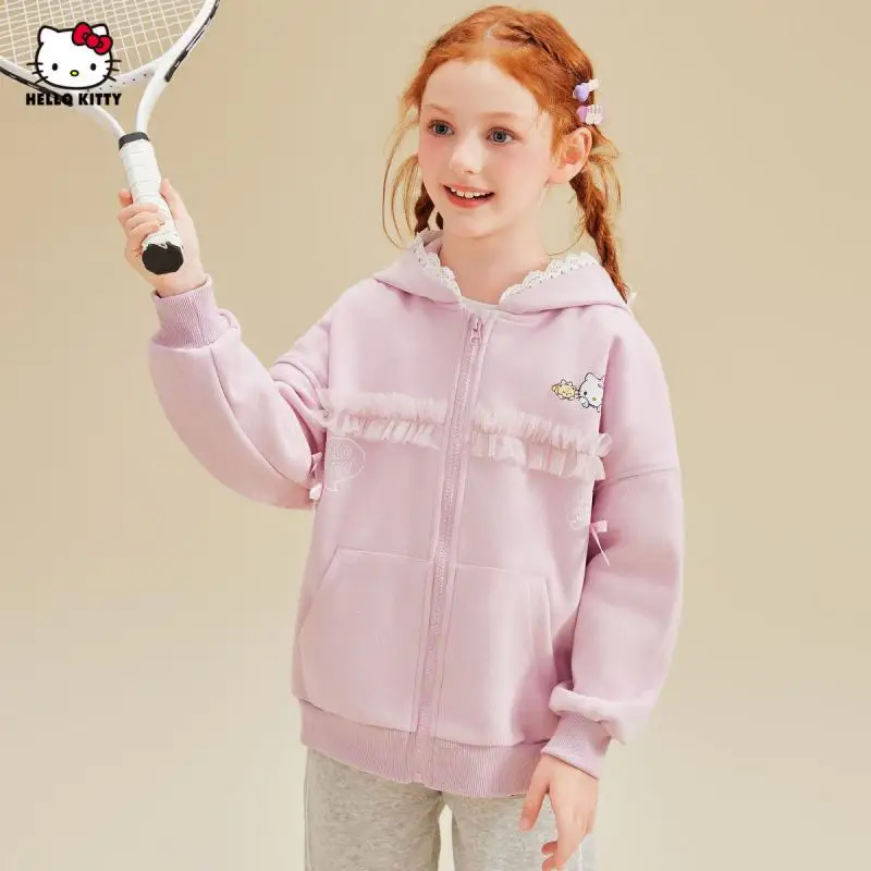 Sanrio Child Lace Hooded Coat Girl Baby Spring Cute Gentle Hello Kitty Cartoon Printing Sweet Cool Bow Tie Fashion Jacket New