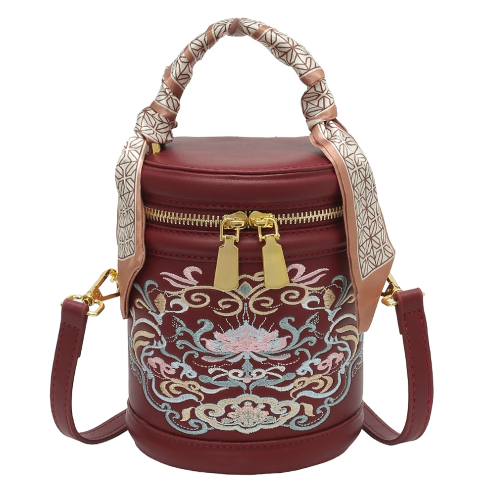 Modny haft torebka wiadro cylindryczne torby na ramię damskie mała torebka designerskiej jakości skórzane torby Crossbody dla kobiet — zdjęcie 2