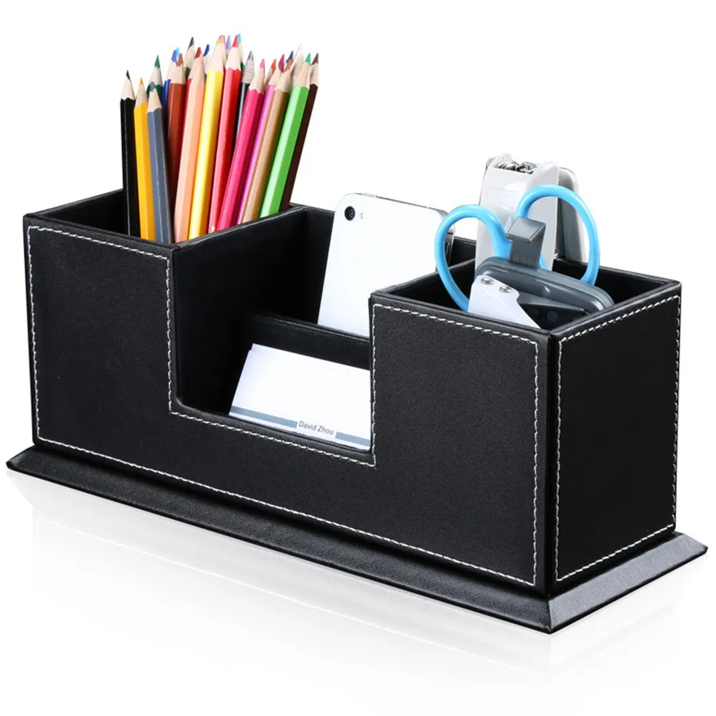 Multifunction Double Pen Holders 4 Compartment Black Desktop Organizer Office Supplies Business Holder Phone Pencil