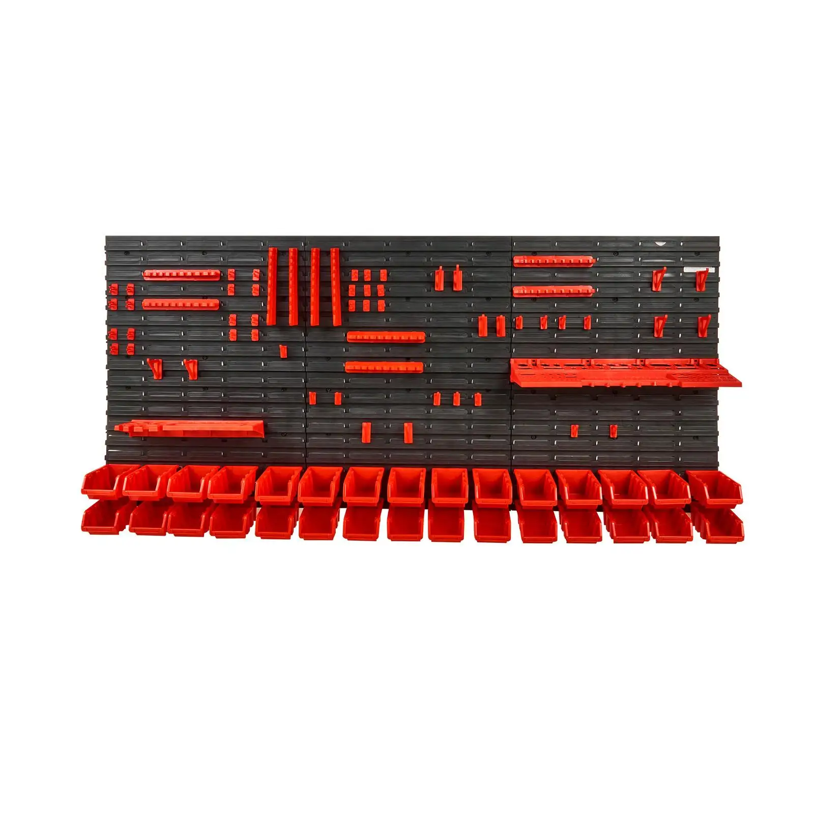 30 Bin Wall Mounted Parts Storage Organizer Rack with Plastic Bins Tool Holders and Hooks for Garage Workshop for nuts Bolts Screws Nails Beads and Buttons Black and Red