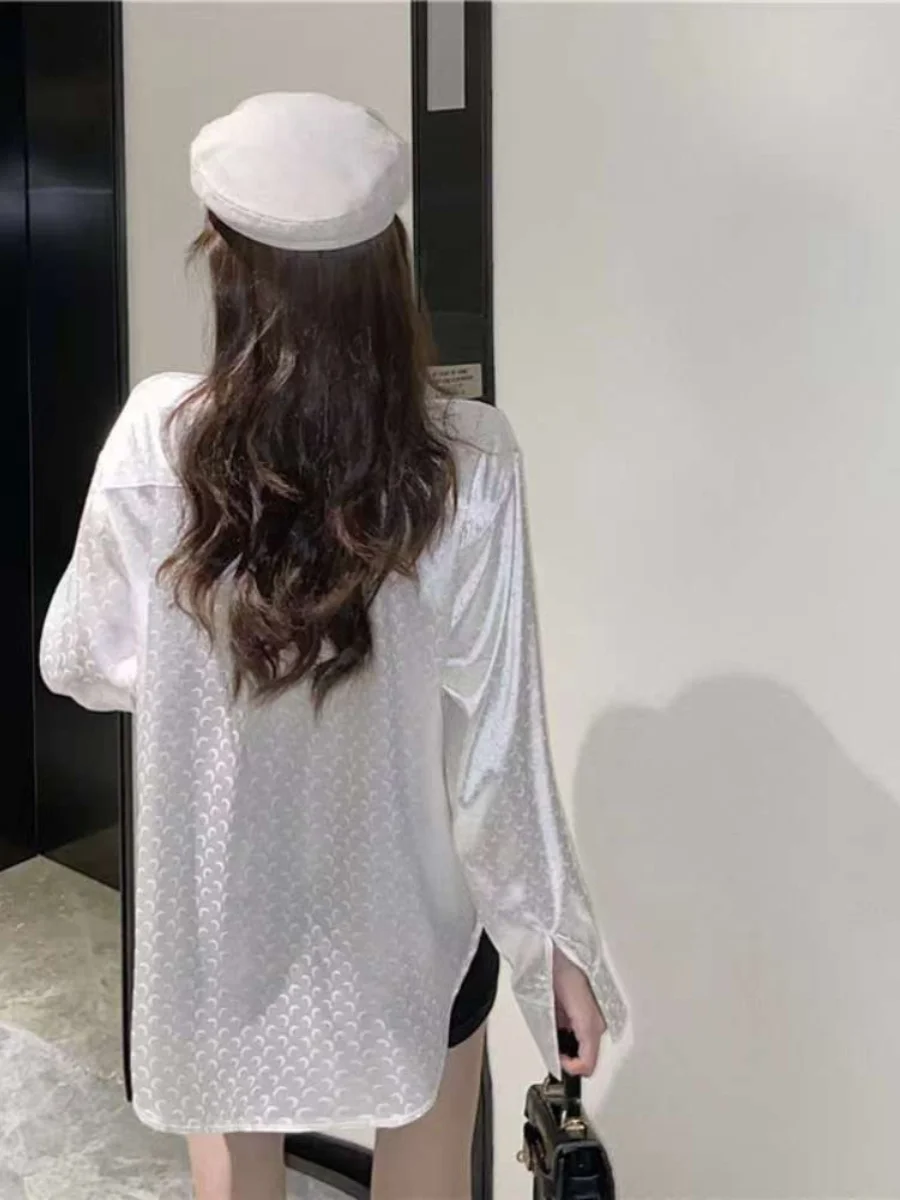 เสื้อเชิ้ตผ้าซาตินเอลีอะซิเตททรงหลวมสำหรับผู้หญิง แขนยาว ดีไซน์เรียบง่าย สไตล์เกาหลี ทรงตรง ติดกระดุม