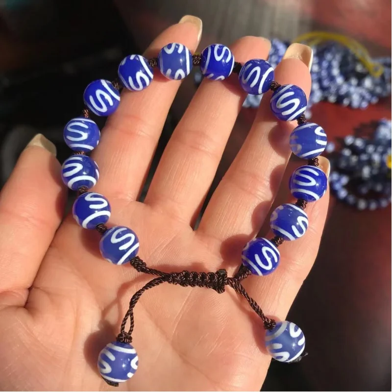 Tibetan Shiny Dzi Blue Chalcedony Round Beads Braided Bracelet Jewelry