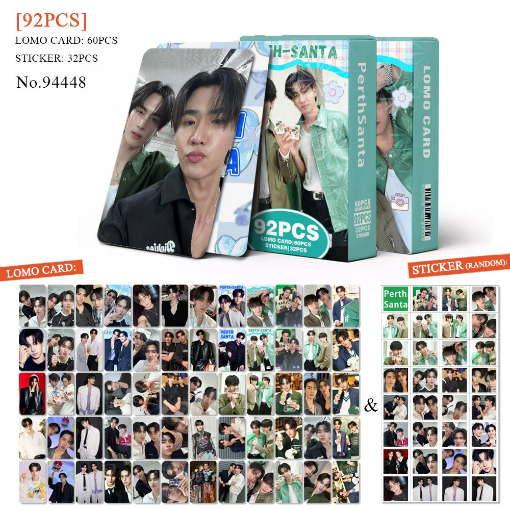 60Pcs PerthSanta Double Sided Lomo Cards With 32Pcs Stickers Set - Thai BL Celebrity HD Photo Cards Fans Collection Gift