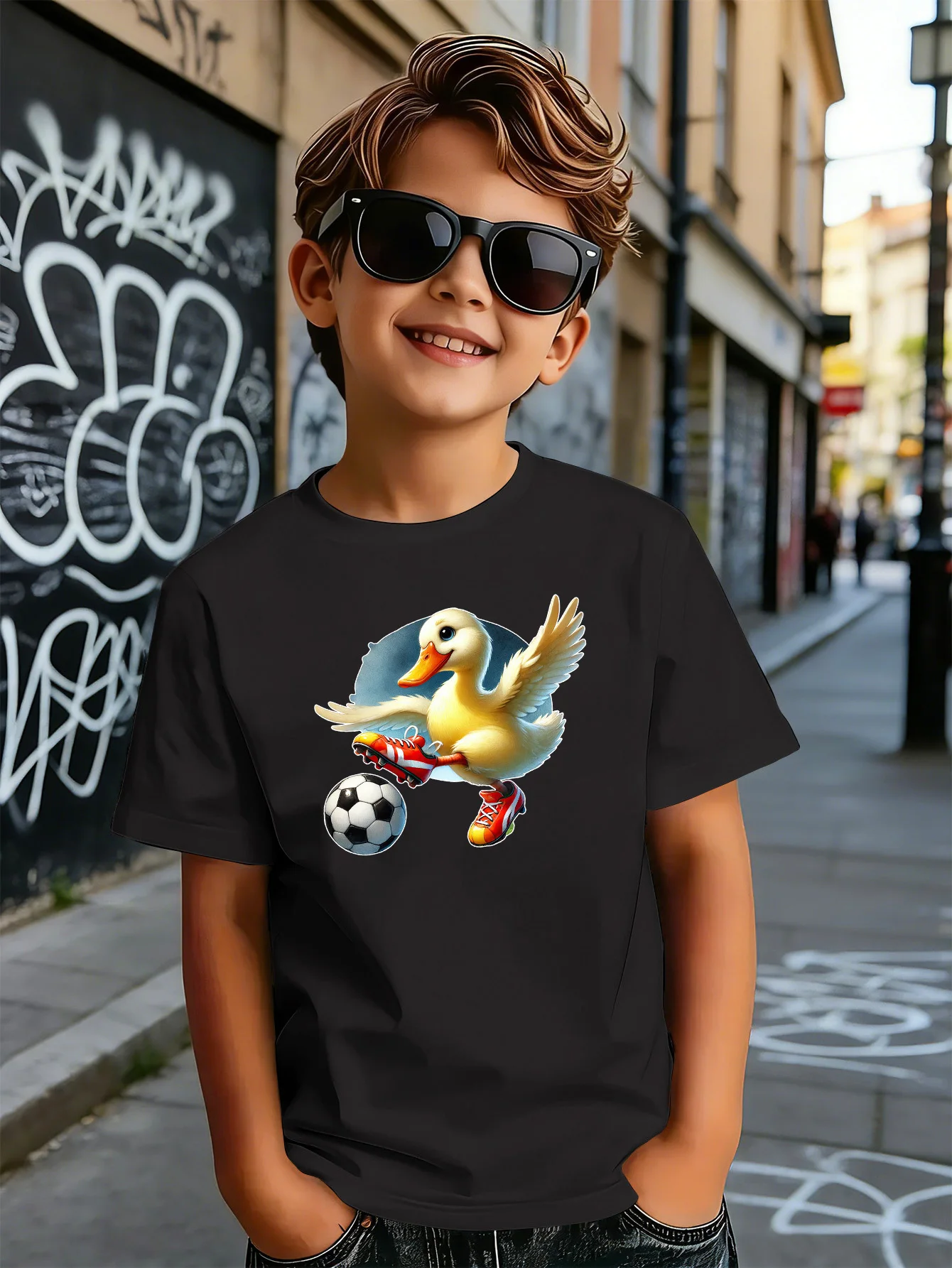 Funny Football Duck Sport Cartoon Print Boys Girls Family Matching Cotton Short Sleeve Crew Neck Soft Summer Kids Casual Tees