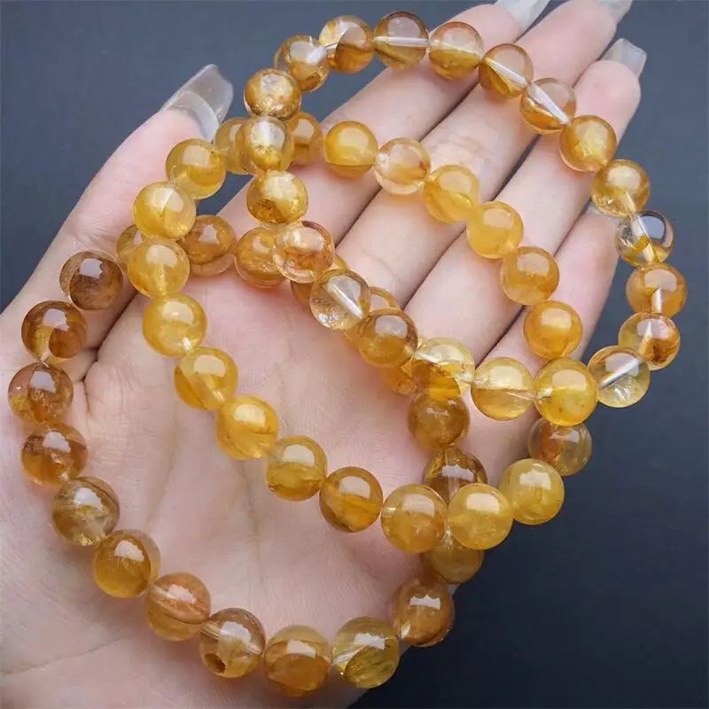 9MM Natural Yellow Fire Quartz Hematoid Bracelet Gemstone Round Bead Crystal Healing Gemstone Bracelet Jewelry Gift 1PCS