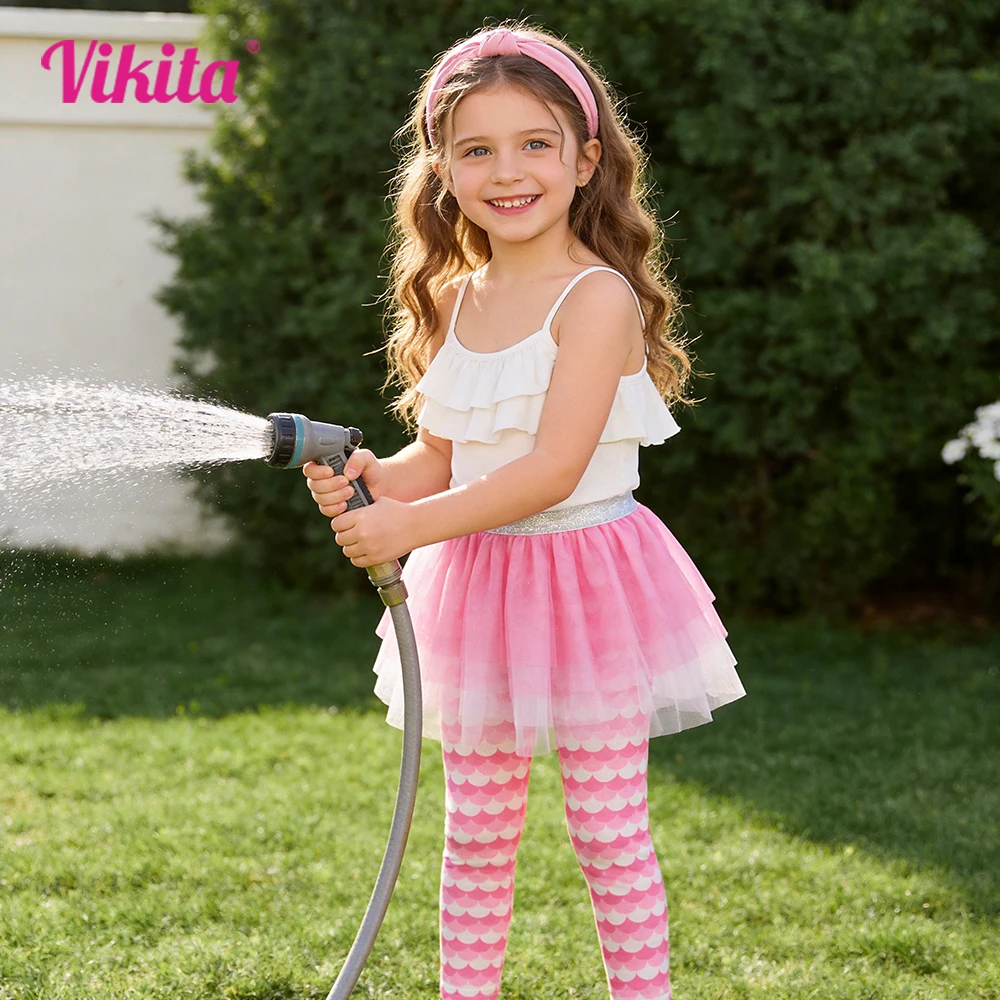 Toddlers Girls Mermaid Scale Print Polyester Leggings with Pink Tulle Tutu Skirts Fake 2 Pcs Kids Skinny Casual Pants Culottes