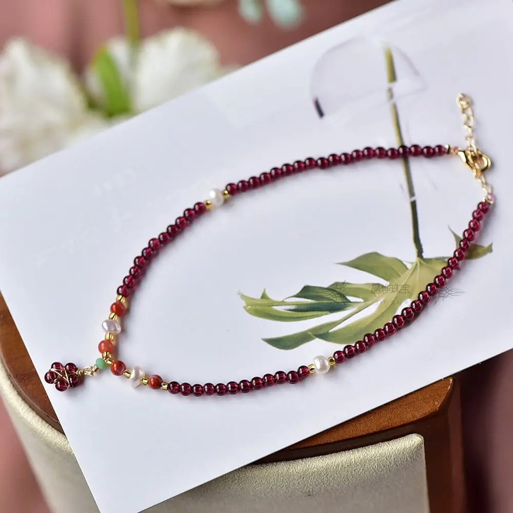 Natural Wine Red Garnet Anklet Female Ins Niche Design Student's Year Anklet Lucky Jewelry Wangfu Stone To Ward Off Evil Spirits