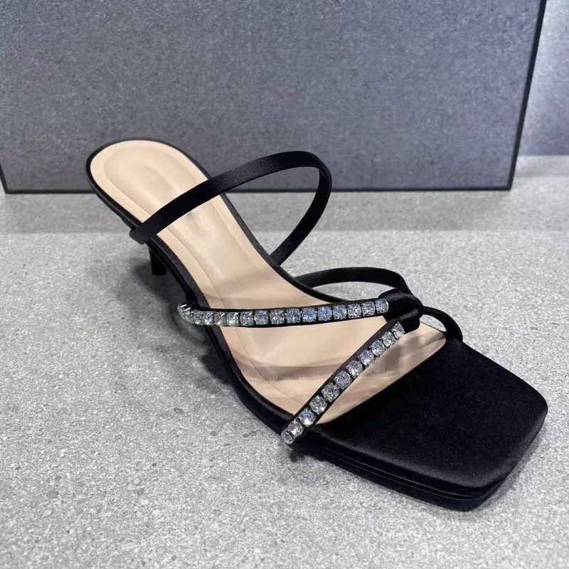 

Luxurious Crystal Square Sandals Satin Slippers Wine Glass High Heel Sexy Elegant Women Shoes Slippers Solid 2025 New Arrival