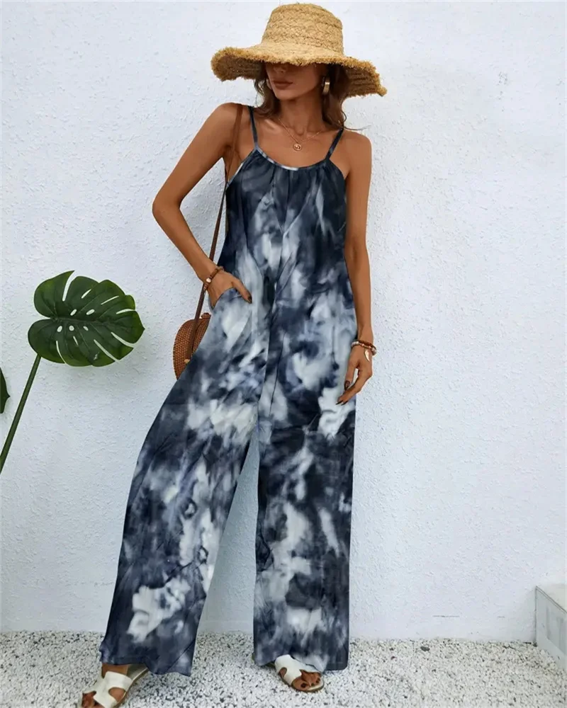 Spring and summer 2024 ladies digital printing color gradient sleeveless casual baggy jumpsuit