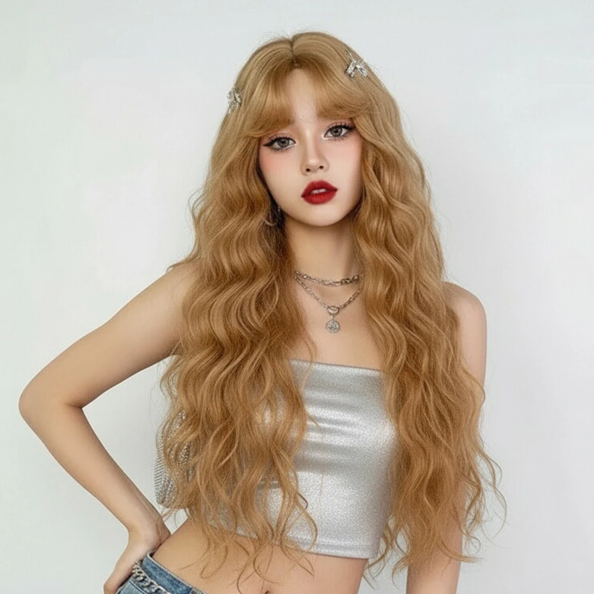 Synthetic Wig Long Wavy Blonde Middle Part Fluffy Lolita Cosplay Women Wig Heat Resistant for Daily Party