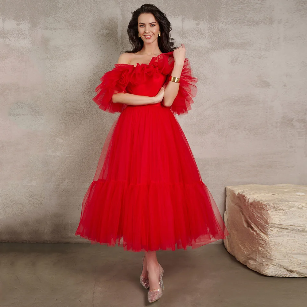 

Charming Red Ruffles Off the Shoulder Evening Dress Customized A-Line Strapless Tulle Tea Length Short Birthday Party Gowns
