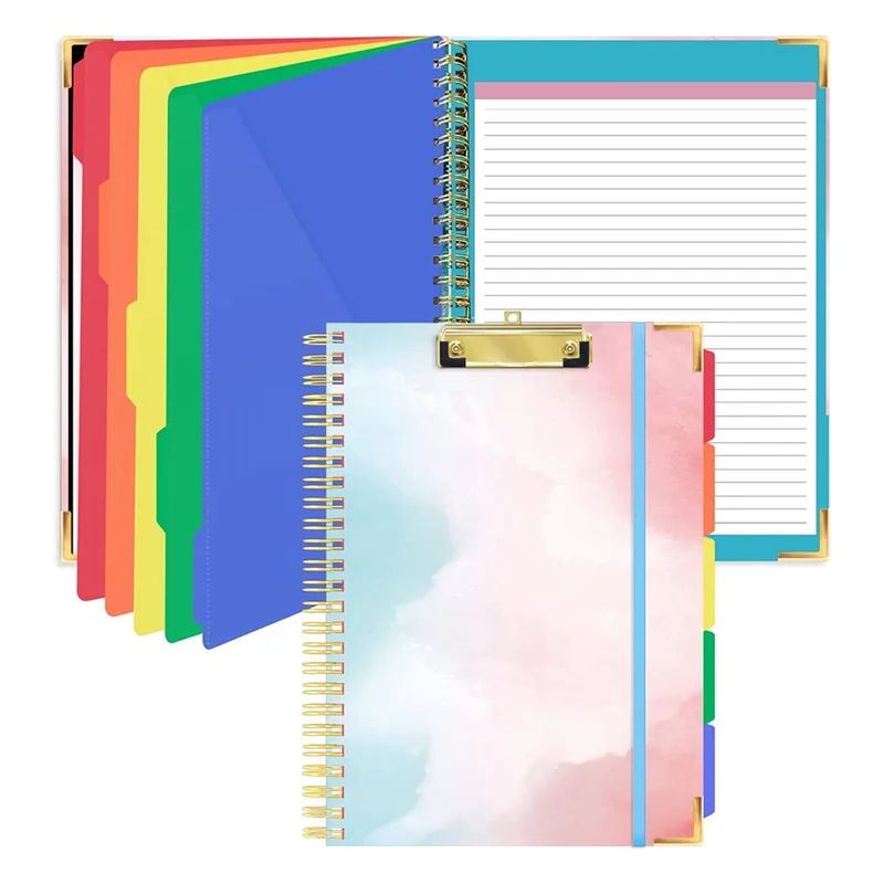 AT16 Spiral Clipboard with Refillable Lined Notepad for Size(11.5X8.5Inch), 5 Extra Colour Storage Dividers with 10 Pockets A