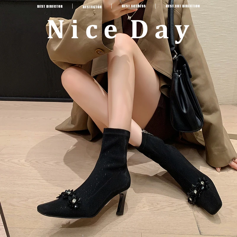 

2026 новые осенне-зимние женские ботильоны 22-24,5 см, современные ботинки из эластичной ткани с квадратным носком, узкие ботинки на высоком каблуке с боковой молнией