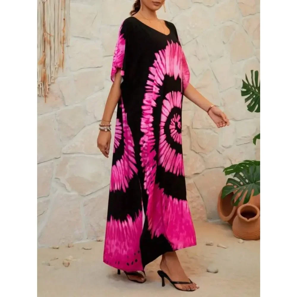 Plus size novo feminino boho tie-dye com decote em v praia cover-up vestido longo em torno do pescoço vestido plissado de manga curta
