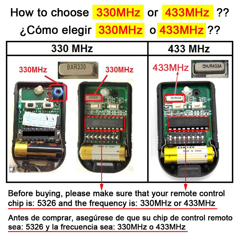 433Mhz 8 Dip Switch Fixed Code 2 Button 330Mhz Duplicate Remote Control for Gate Garage Door Opener or Alarm System 433 330 MHz