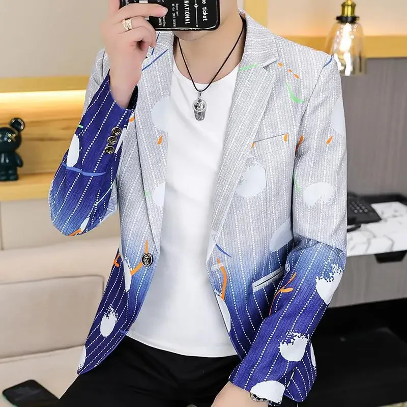 

HOO 2023 Men's Autumn New Printed blazer Youth Fashion Striped Gradient Color Casual blazer