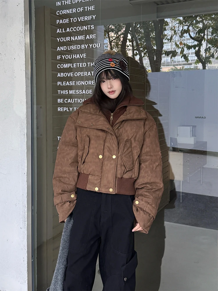 

URKR Double-Breasted Fake Two-Piece Thiened Design ort Coat for Women Winter Warm Sli American Sle Polyester Fiber