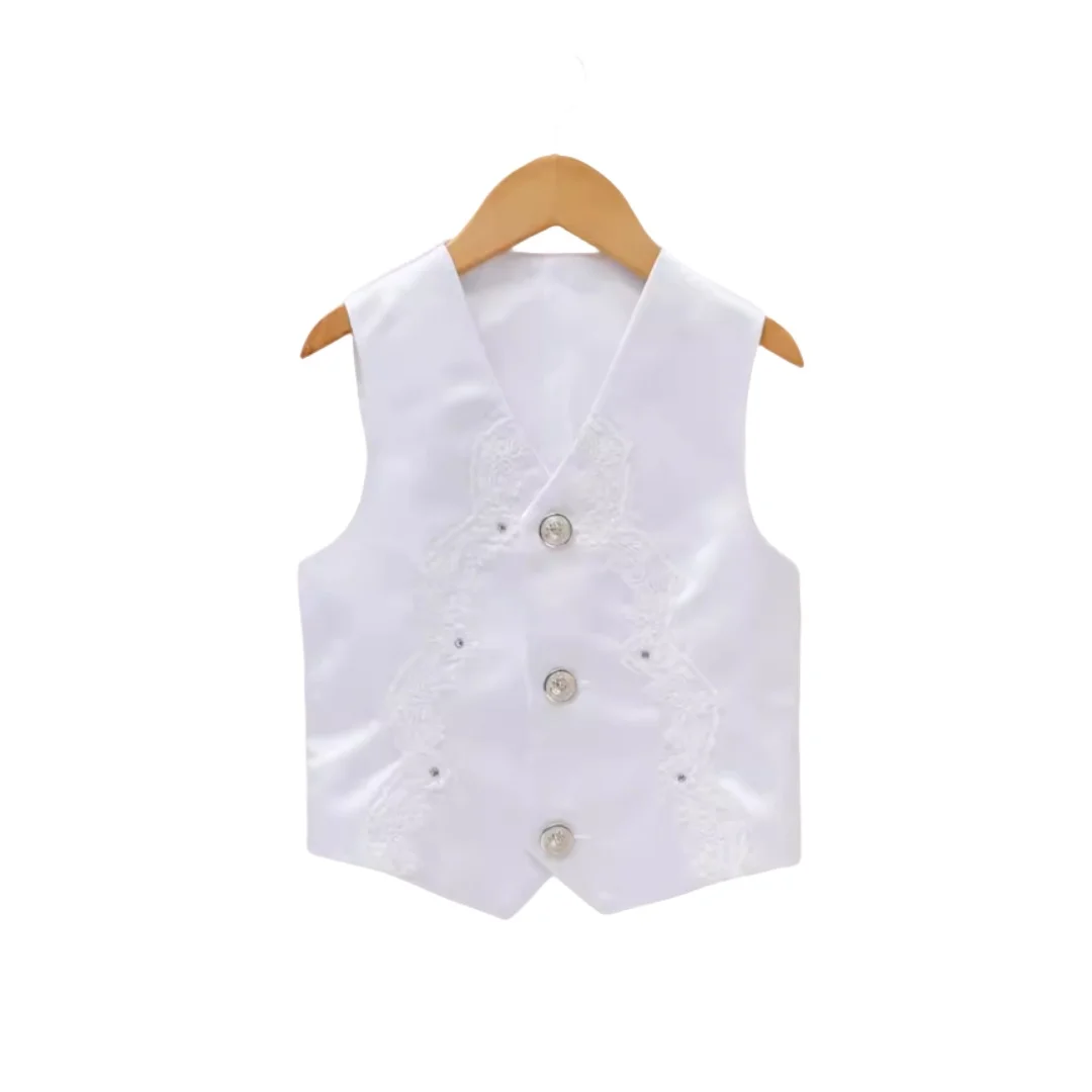 Weiße Blazerweste für Kinder, Bühnenkostüme für Kinder, Größe 100–160, formelle Teenager-Blazer, hochwertige Weste, lange Hosen, Hochzeit, Bühnenkleidung