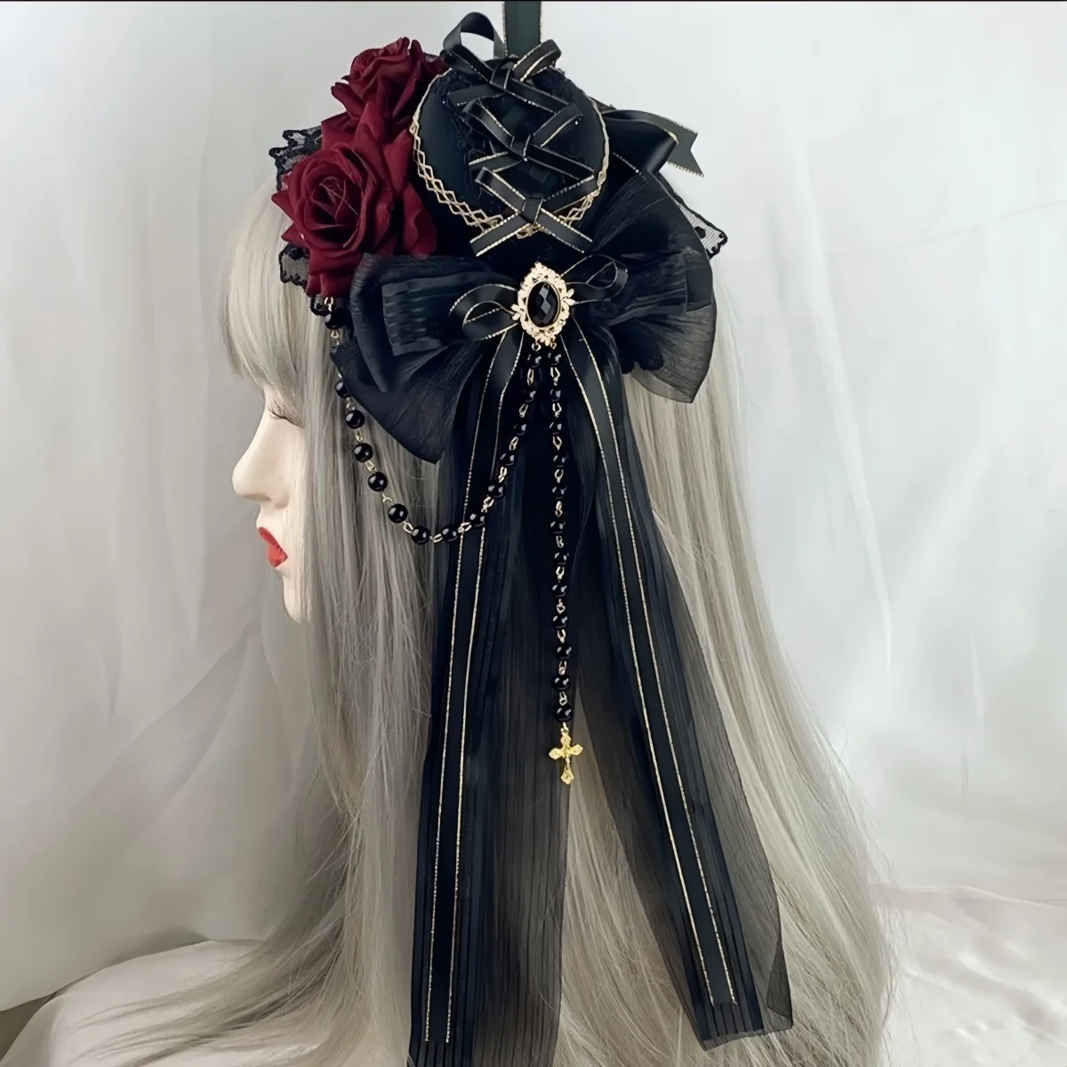 Lolita copricapo fiori fiocco decorazione gotico scuro selvaggio elegante cappello a cilindro accessori per capelli forcina di cristallo per ragazze donne