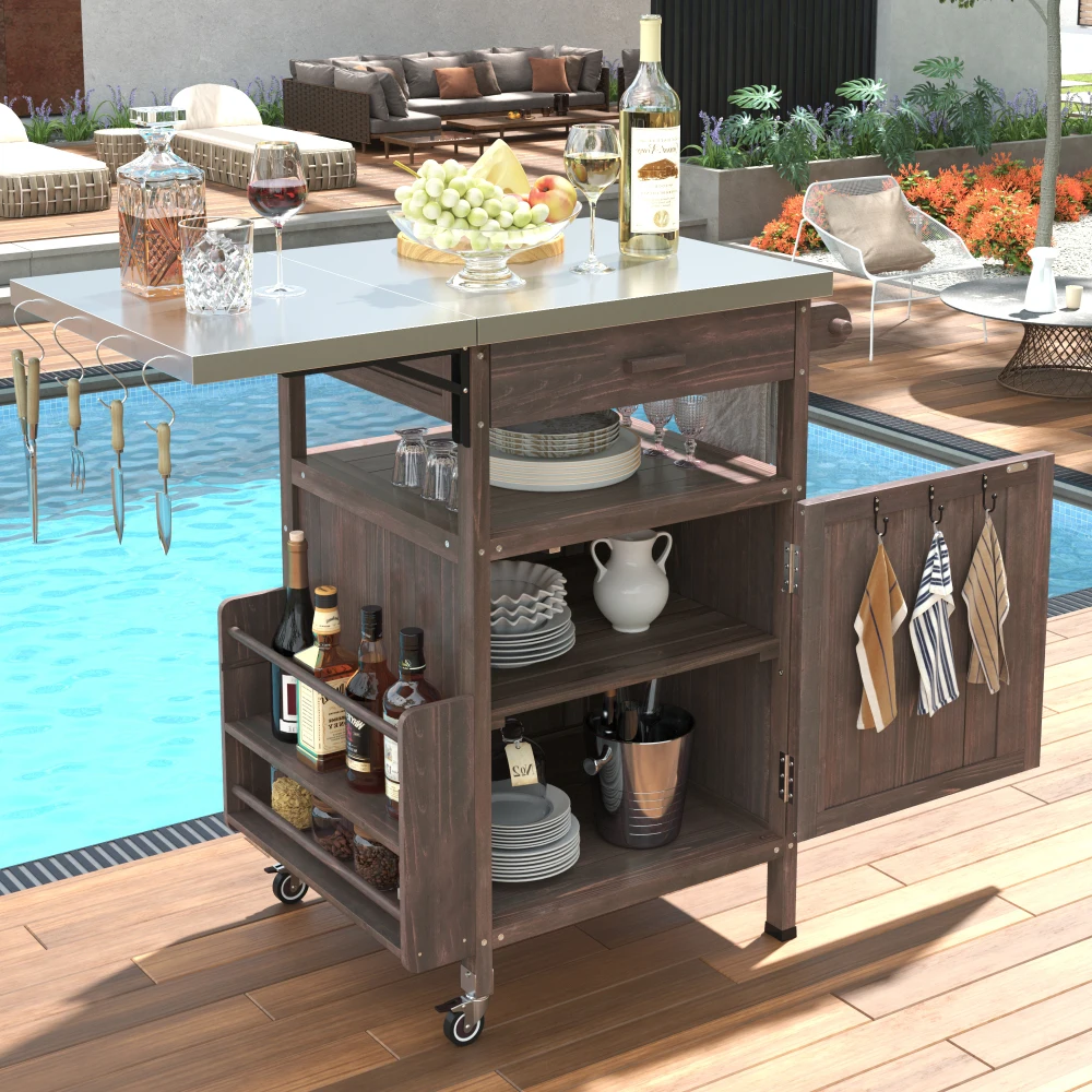 

K&K 40.5'' Outdoor Grill Cart: Stainless Steel Top, Solid Wood, Drop Leaf, Drawer, Towel Rack, Lockable Wheels, Brown