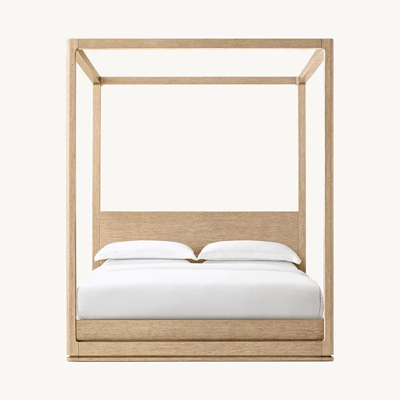 Four-poster frame bed, bedroom red oak log bed