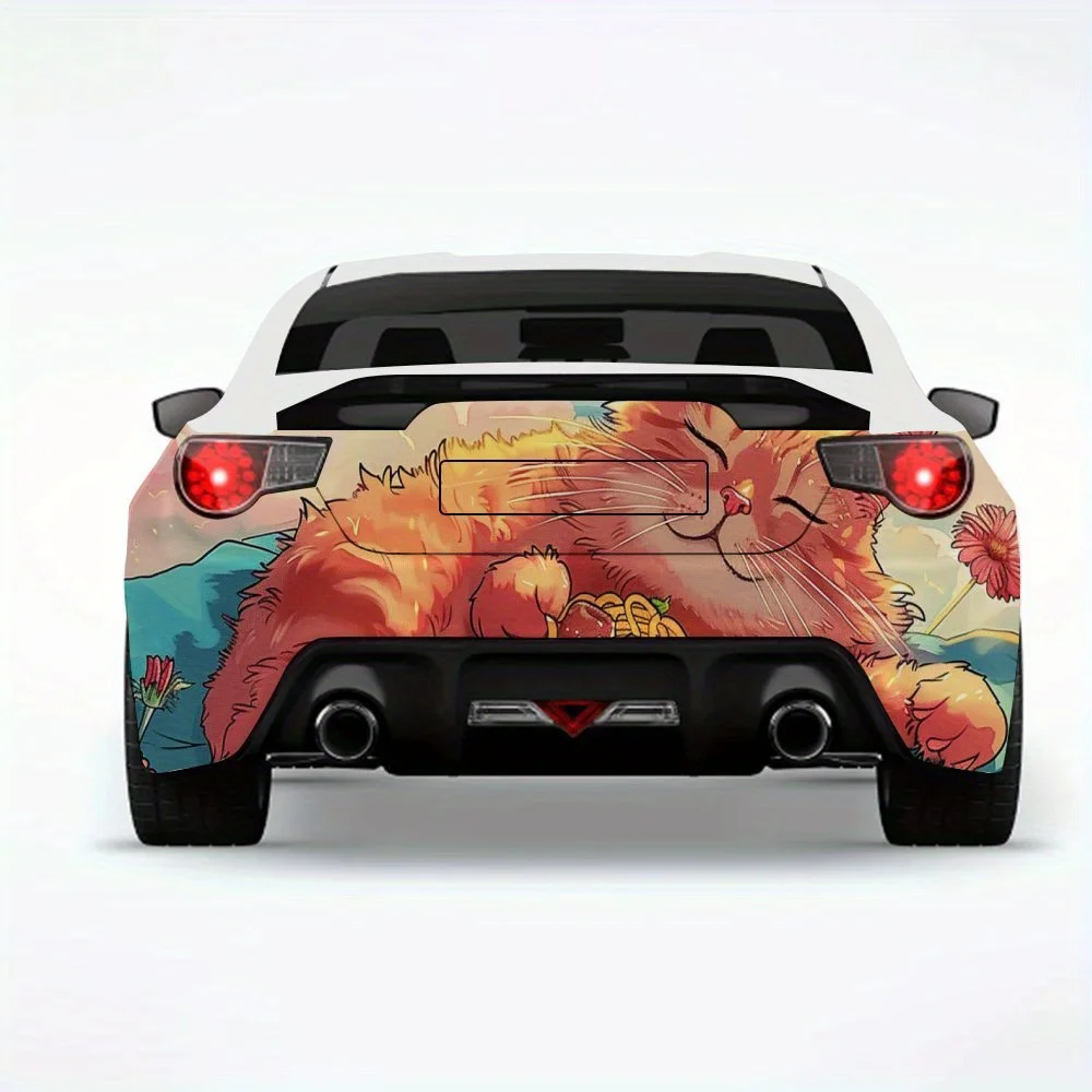 

Relaxing Pink Cat Enjoying Pasta Car StickerVinyl Decal for Car Rear, Waterproof Self-Adhesive Vinyl Stickers for Vehicle Tail &