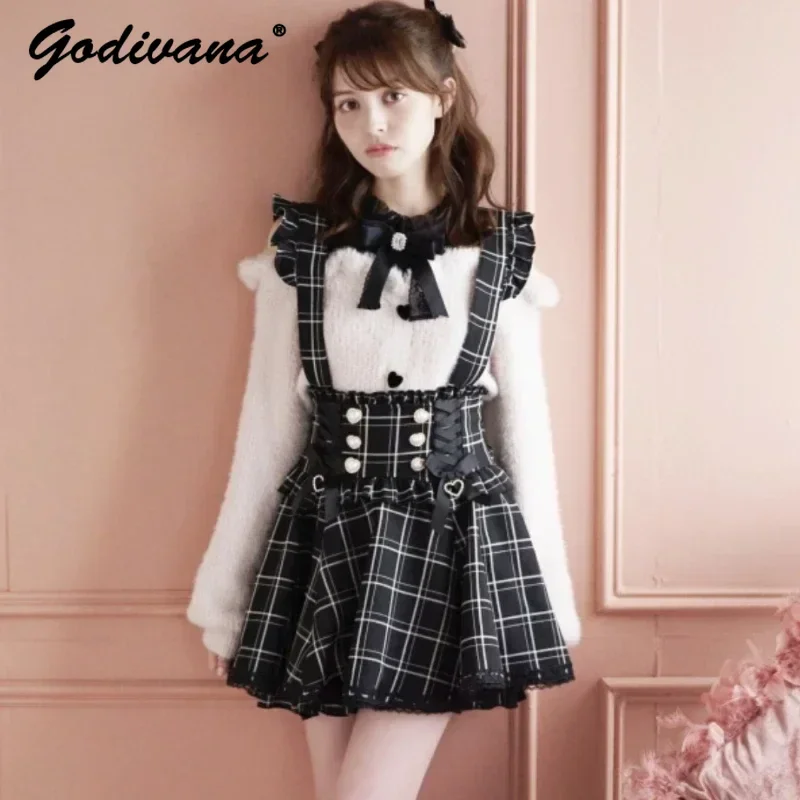 

Japanese Style Mine Ribbon Bow Rhinestone Pearl Buckle Suspender Dress Spring Summer Women's Plaid Detachable Straps Short Skirt