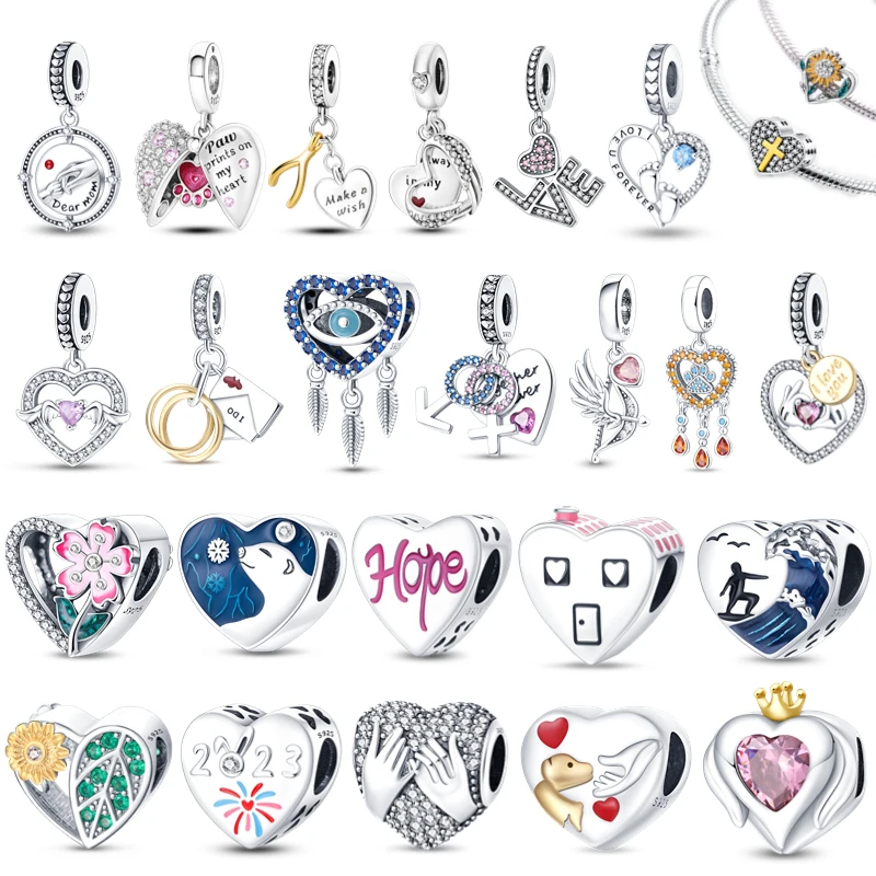 

100% 925 Sterling Silver Heart Love Charms Fit Original Pandora Diy Bracelet Bangle For Women Jewelry Making Girl Gift Party