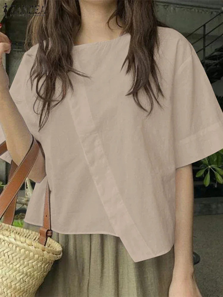 ZANZEA Women Summer Blouses 2025 Irregular Short Sleeve Shirts Korean Fashion Round Neck Tops Casual Loose Tunic Top Oversize