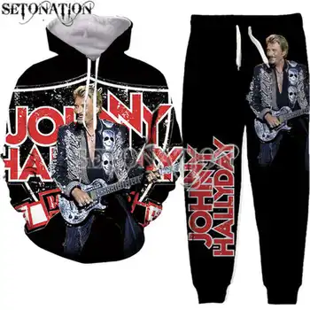 بذلة رياضية عصرية بطباعة ثلاثية الأبعاد من Johnny Hallyday للرجال والنساء ، سترات بغطاء رأس رائعة ، سترة رياضية وسراويل ، شحن سريع ، جديد
