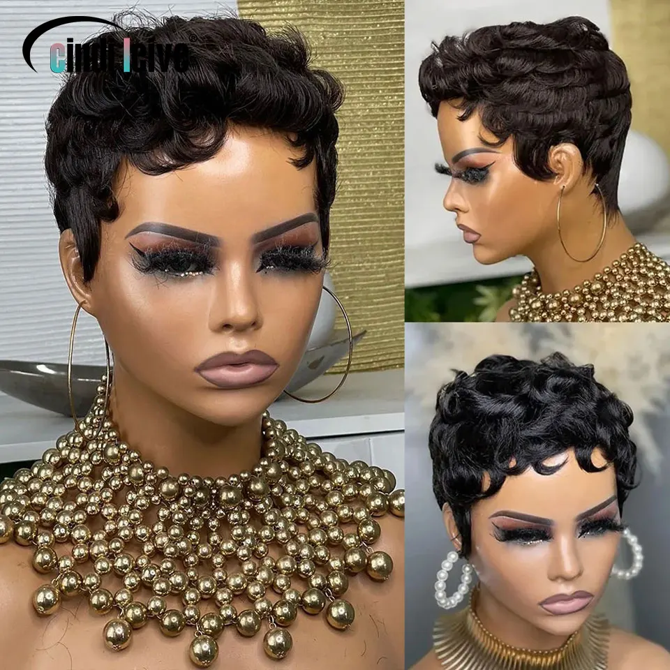 Curly Pixie Cut Short Wigs For Black Women Natural Black Glueless Wig Peruvian Remy Human Hair Bob Full Machine Made Wigs 150%